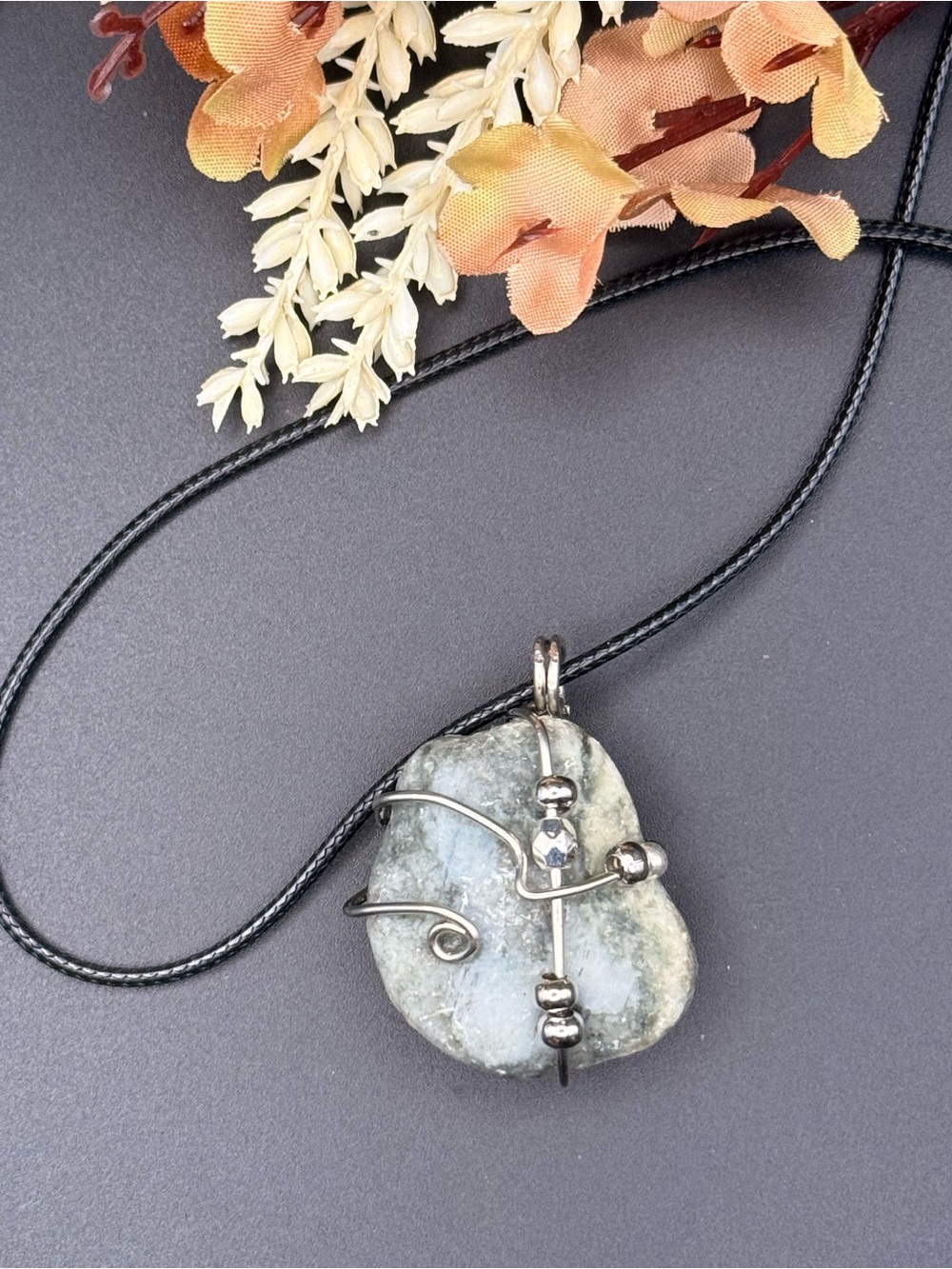Artisan Green Tourmaline Silver Wire Wrapped Pendant with silver beads